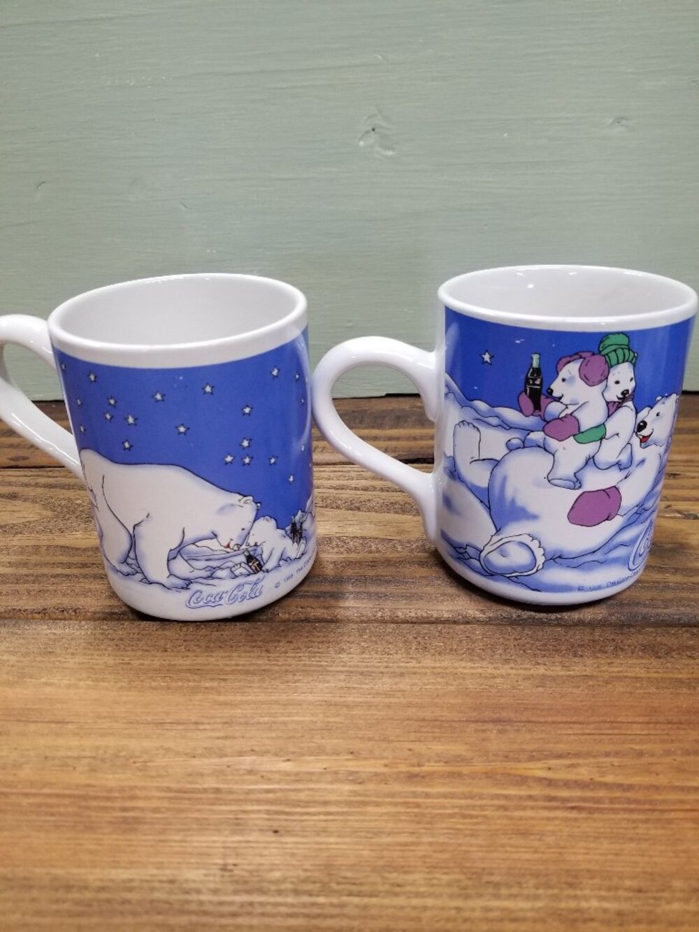 Vintage 1999 COCA COLA Polar Bear Ceramic Coffee Holiday Mug Coffee Cups Pair